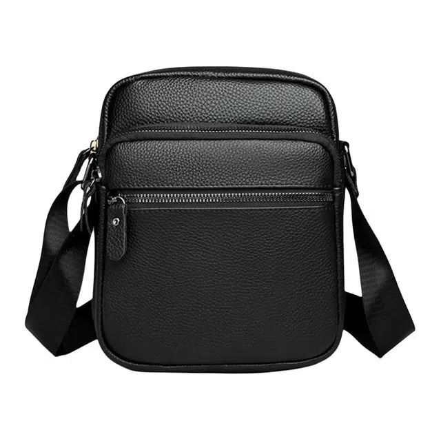 老人头 商务简约纯色通勤百搭 牛皮 单肩斜挎包 男款 黑色