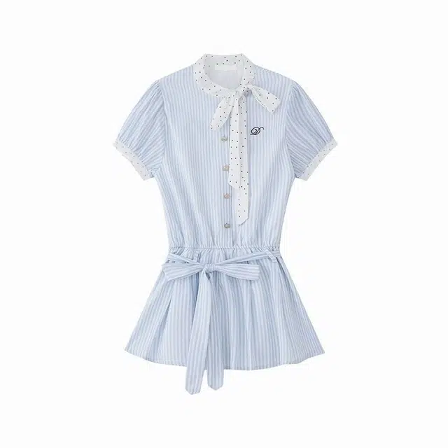 小卷要加油 学院风拼接条纹宽松休闲蝴蝶结系带短袖连衣裙 女款