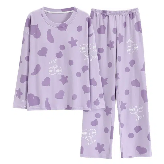 俏韵 圆领春秋季仿棉长袖甜美休闲薄款家居服可外穿睡衣套装 女款