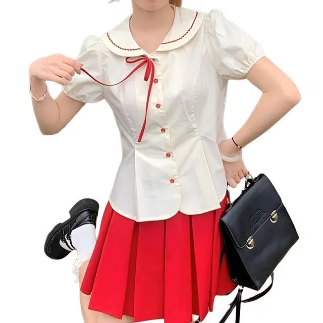 小卷要加油 少女感甜系穿搭娃娃领显瘦上衣高腰百褶裙裙装套装 女款