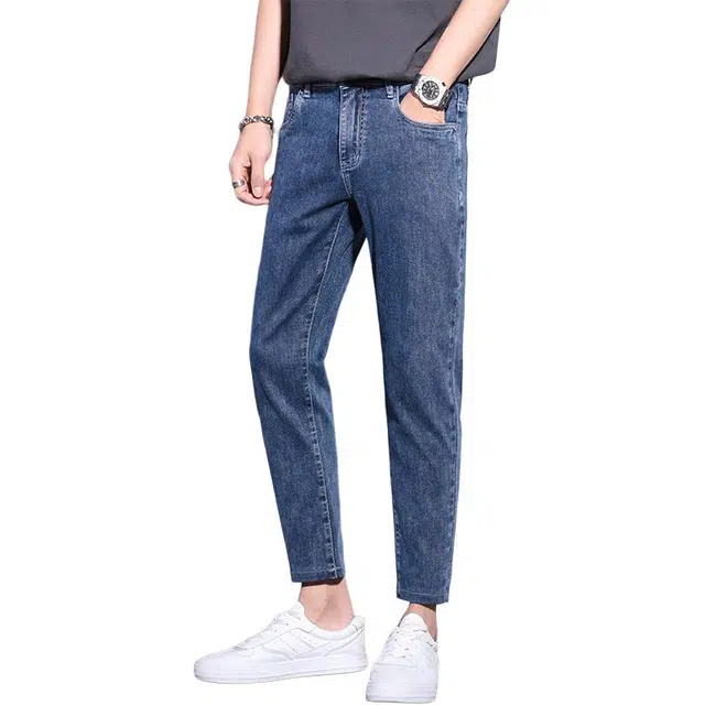 么宁 简约百搭修身直筒弹力九分裤舒适透气潮流时尚个性痞帅运动休闲牛仔裤 男女同款