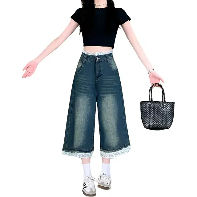 柏黛妃 复古水洗蕾丝拼接七分裤宽松阔腿裤牛仔短裤 女款