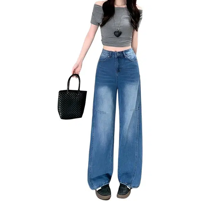 柏黛妃 美式复古破洞弯刀设计感宽松显瘦阔腿牛仔裤 女款