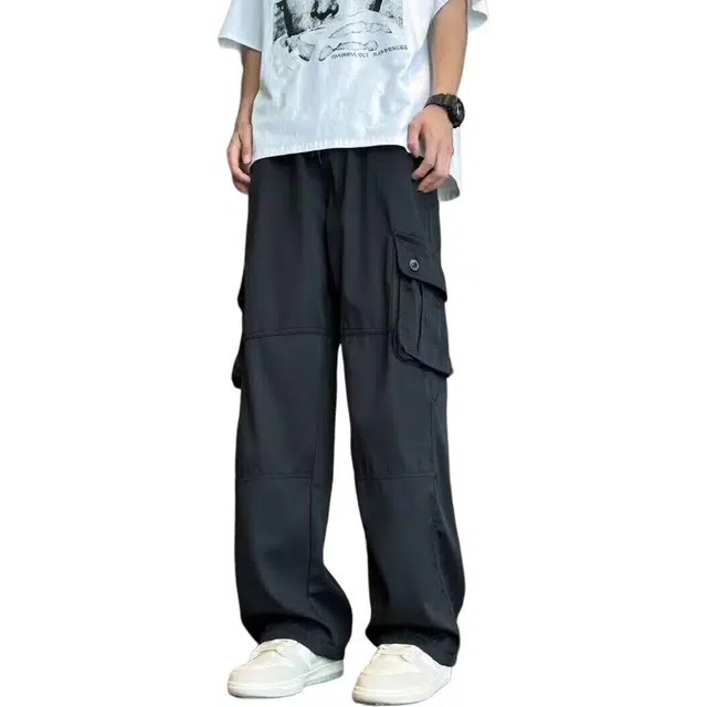 颂希尔 美式复古夏季潮牌慵懒风阔腿工装裤子大口袋宽松百搭长裤休闲裤 男女同款