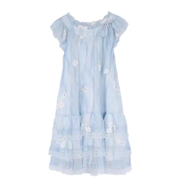 小卷要加油 流光花梦法式温柔甜美风蝴蝶结花苞袖收腰裙短袖连衣裙 女款