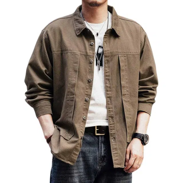 格蓝鹿 高端复古工装宽松休闲痞帅翻领长袖衬衫 男款