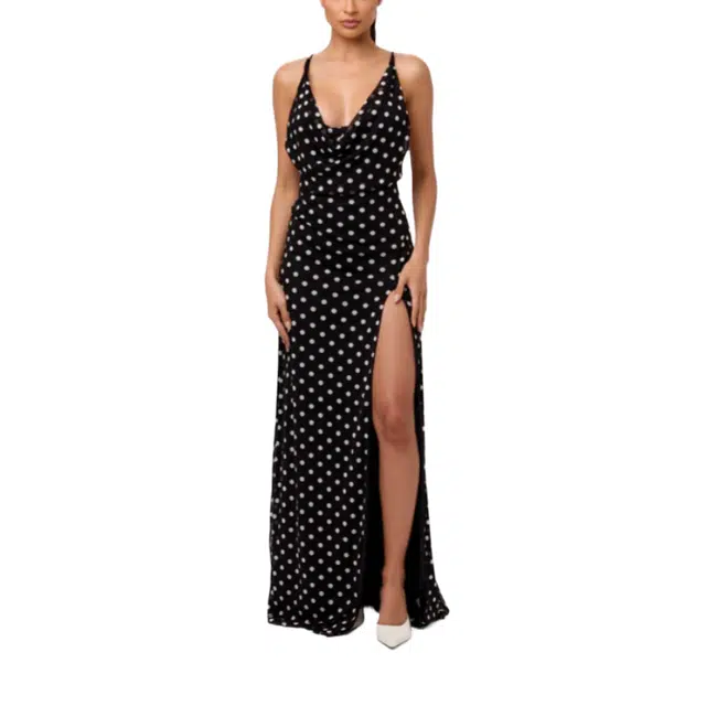NAKED WARDROBE Dot Cowl Neck Maxi Dress Mesh