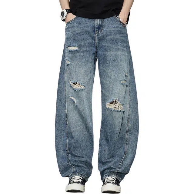 童先森 宽松垂感痞帅高腰时尚舒适长裤牛仔裤 男款