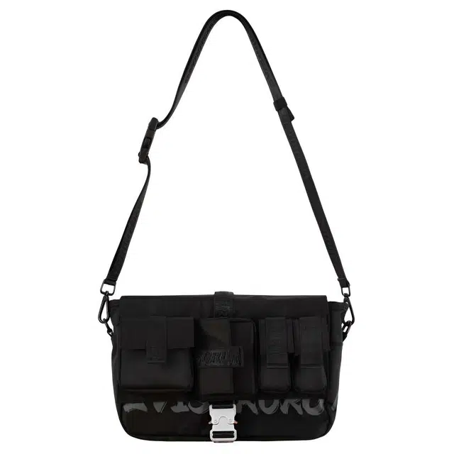 EVISU Printed Multi-Pocket Messenger Bag Black