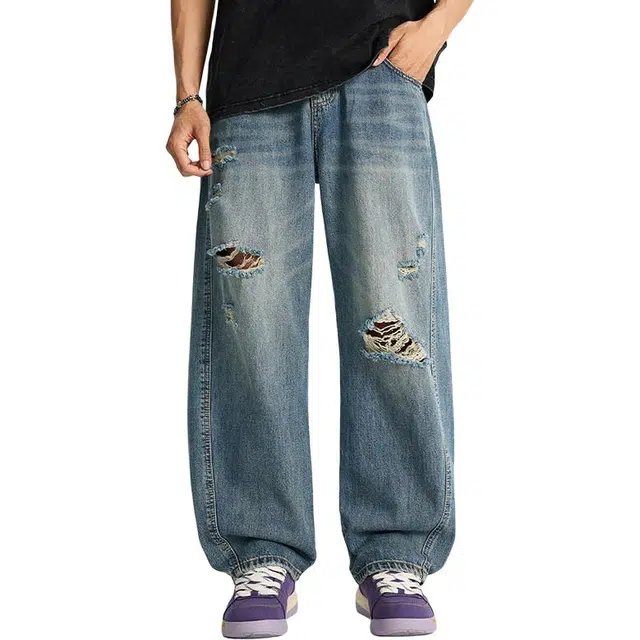 童先森 美式复古水洗做旧破洞纯色阔腿裤中腰长裤牛仔裤 男款