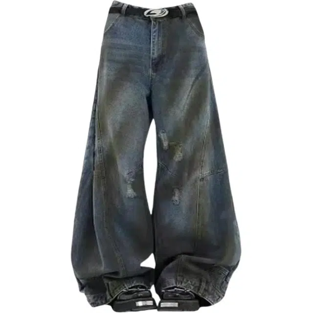 零氏 美式复古潮流小众结构弯刀裤水洗做旧破洞宽松阔腿工装牛仔裤 男女同款