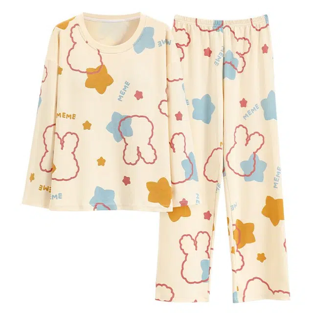 俏韵 圆领卡通春秋季仿棉长袖甜美休闲薄款家居服可外穿睡衣套装 女款