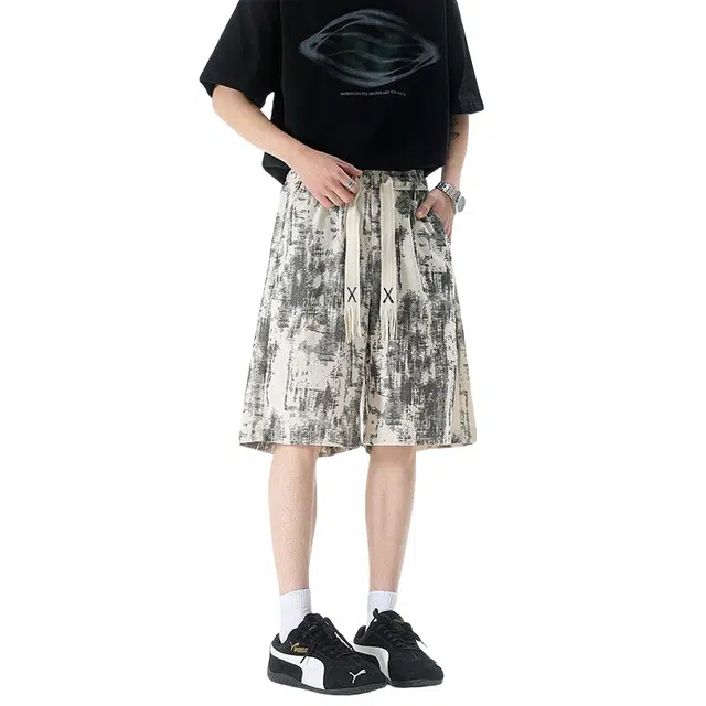 加荣 美式扎染印花男款夏季轻薄透气潮牌青少年日常出行百搭裤宽松码小众设计感抽绳松紧腰五分中裤外穿休闲短裤 男女同款