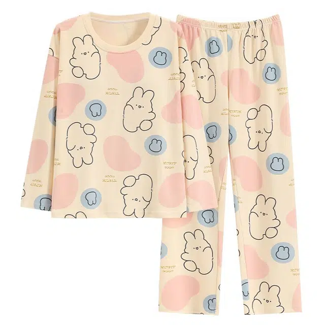 俏韵 圆领卡通春秋季款仿棉长袖甜美休闲家居服可外穿睡衣套装 女款