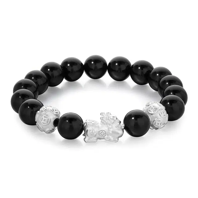 【招财貔貅】 珍·尚银 中国黄金 新中式国潮转运珠设计 招财吸金 财源滚滚 小众轻奢 礼盒 男友女友 足银 黑曜石 手串 男女同款情侣款