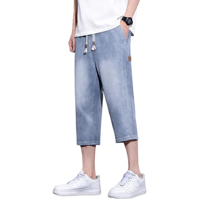 瑞梵帝斯 星空纹七分裤薄款凉感透气宽松直筒中裤子美式潮牌高街风复古水洗抽绳松紧腰多口袋设计青少年潮流牛仔短裤 男款