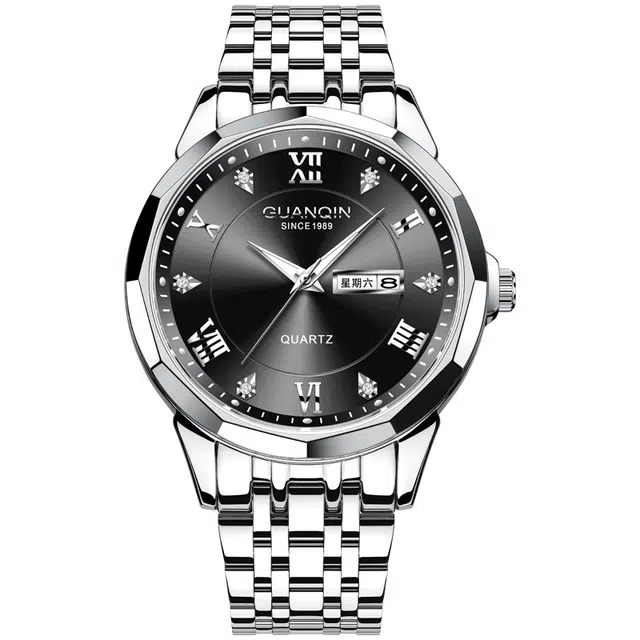 冠琴 高颜值双日历全自动男士手表 石英机芯 不锈钢表带 国表 男表 黑色表盘