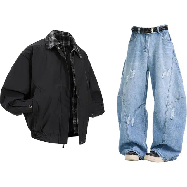 梓润格 百搭潮流假两件夹克外套校园风上班通勤简约酷飒帅气一穿即走氛围感设计感美式复古高街弯刀破洞宽松牛仔裤休闲运动套装 男女同款