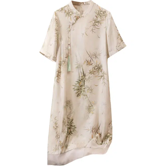 丝柏舍 立领撞色竹叶图案新中式复古优雅气质中长款短袖连衣裙 女款