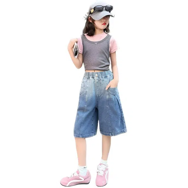 天才小熊女童夏季运动裤大童潮牌小孩衣服 青少年 渐变牛仔五分裤 洋气时髦 韩版直筒板