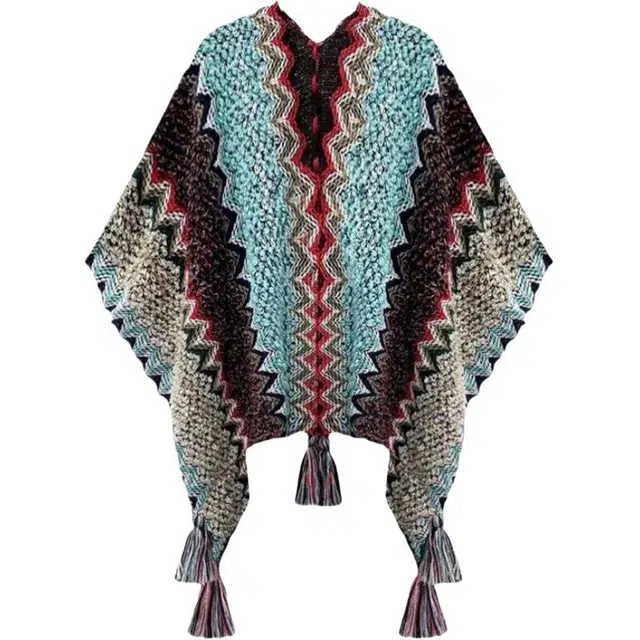 玉儿恋 波西米亚流苏外搭披肩针织衫 女款 孔雀蓝