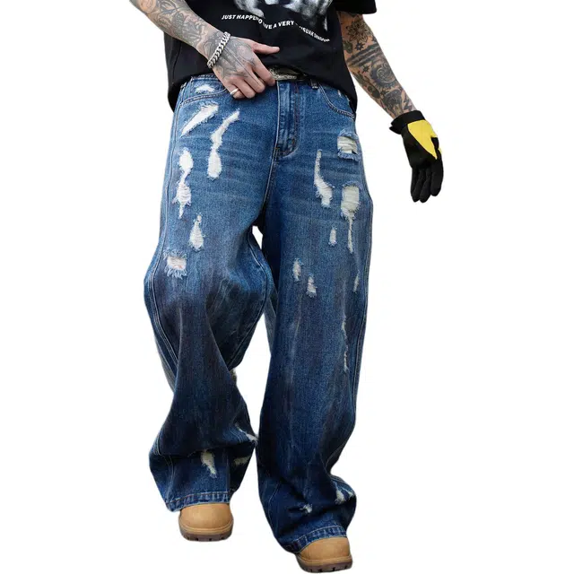 宝米卡 美式高街潮牌油画调色盘不规则彩色宽松直筒垂感设计感牛仔裤 男女同款