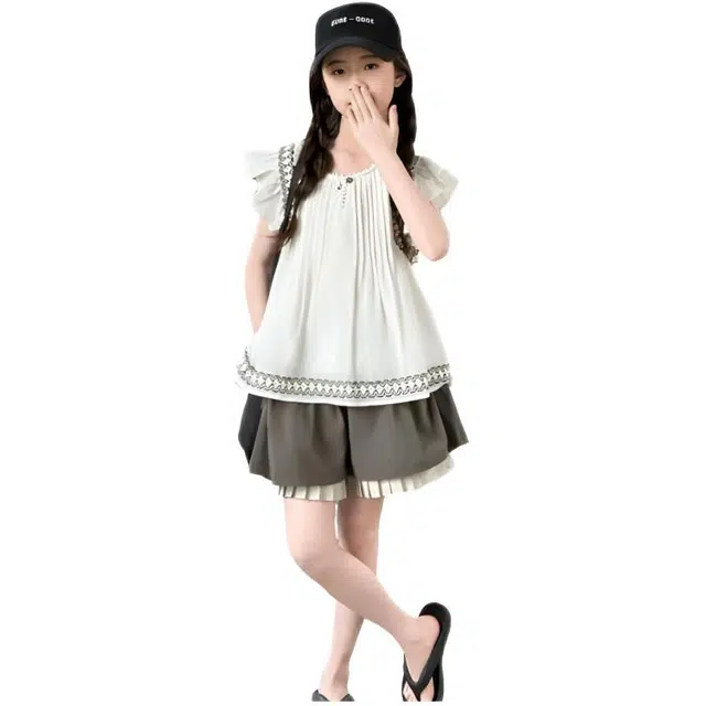 木木兔休闲运动套装 时髦洋气花边娃娃衫提花时尚女孩宽松舒适两件套 儿童款