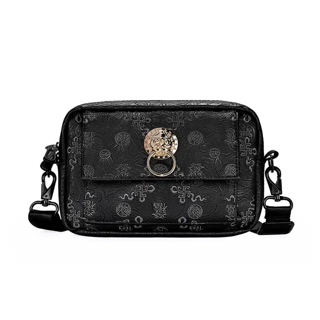 初弎 發福国风元素狮子头老花满印花生纹刺绣原创设计街头潮流休闲百搭便携通勤小方包单肩包斜挎包 男女同款情侣款 黑色