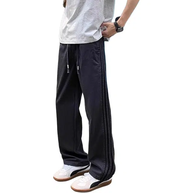 佑麟 三条杠条纹裤子夏季薄款凉感直筒裤美式冰丝阔腿工装裤休闲裤 男女同款