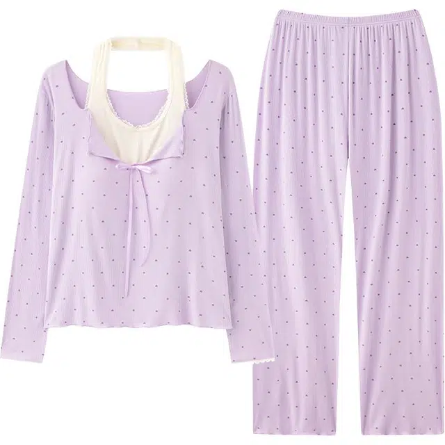 俏佳人 带胸垫防走光设计感假两件长袖长裤纯色爱心亲肤透气家居服睡衣套装 女款