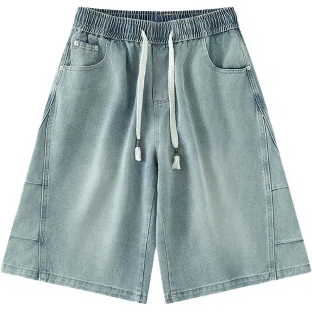 童先森 美式复古夏季捏褶宽松中腰七分裤牛仔短裤 男款