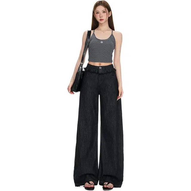 拾籍 美式复古风格花边高腰设计直筒薄款垂感牛仔裤 女款