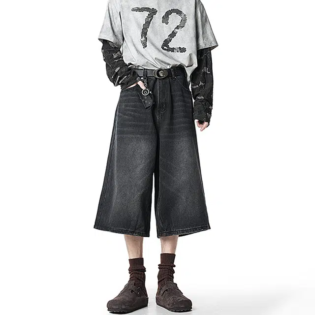 佐菲利 美式复古水洗七分潮牌高级感宽松阔腿直筒夏季牛仔短裤 男女同款