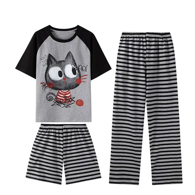 俏韵 圆领卡通夏季带胸垫短袖三件套甜美条纹薄款舒适家居服可外穿睡衣套装 女款