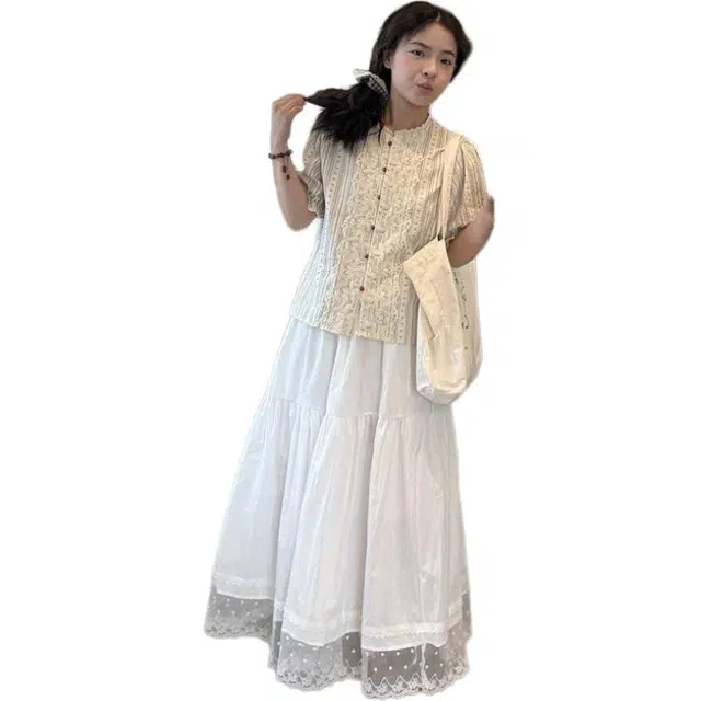 桴生 法式复古蕾丝拼接条纹衬衫夏季小众设计感洋气裙装套装 女款