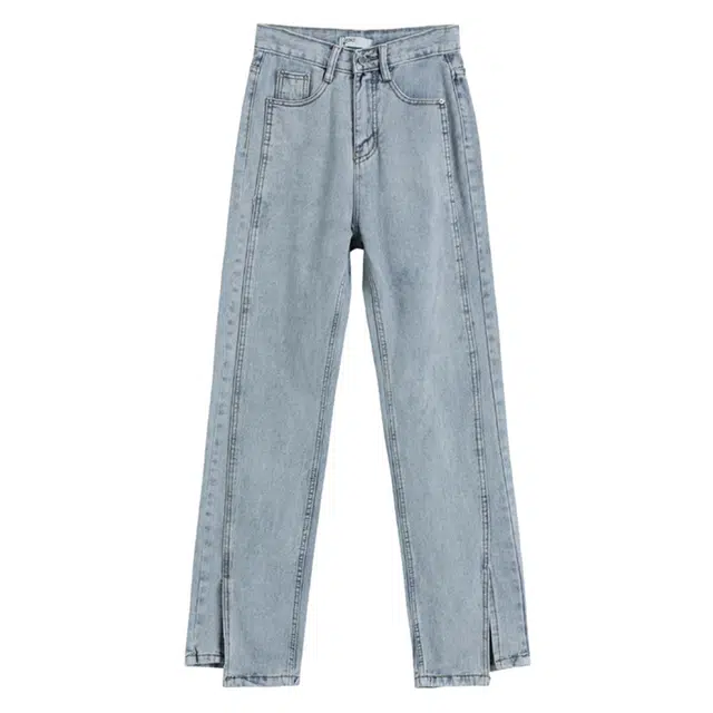 欧阳喜 拖地裤开叉高腰百搭宽松直筒阔腿牛仔裤 女款