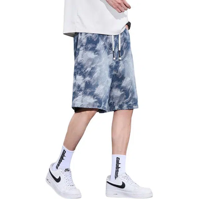 潮人榜 美式高街不规则提花设计感潮流百搭夏季薄款宽松舒适松紧腰抽绳直筒五分牛仔短裤 男款