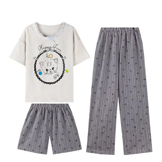 俏韵 圆领卡通夏季带胸垫短袖三件套甜美薄款舒适家居服可外穿睡衣套装 女款