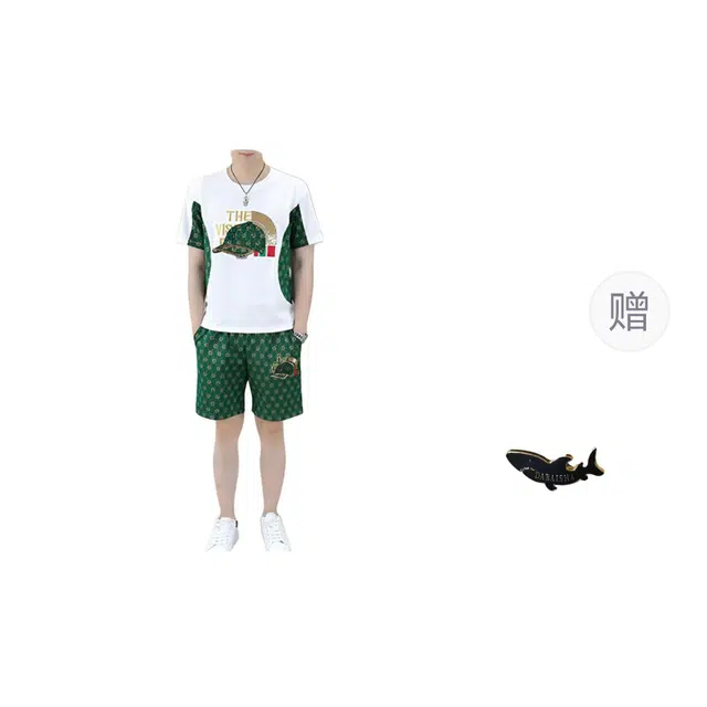 大白鲨 品牌轻奢欧货冰丝凉感短袖短裤潮牌刺绣衣服休闲运动套装 男款