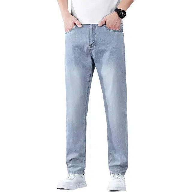炳盛 夏季天丝莱赛尔牛仔裤男宽松直筒商务休闲百搭冰川蓝弹力长裤男装 男女同款