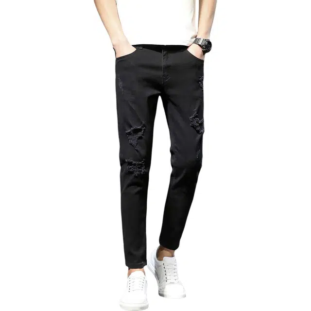 潮人榜 美式高街破洞九分裤子夏季潮牌百搭痞帅修身小脚高级感时尚牛仔裤 男款