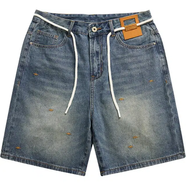 童先森 美式休闲复古纯色直筒裤中腰五分裤牛仔短裤 男款