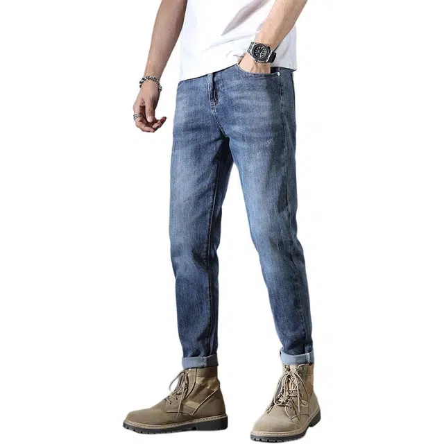 潮人榜 夏季美式高街修身痞帅高级感九分裤子男潮牌百搭休闲通勤简约高端时尚直筒牛仔裤 男款