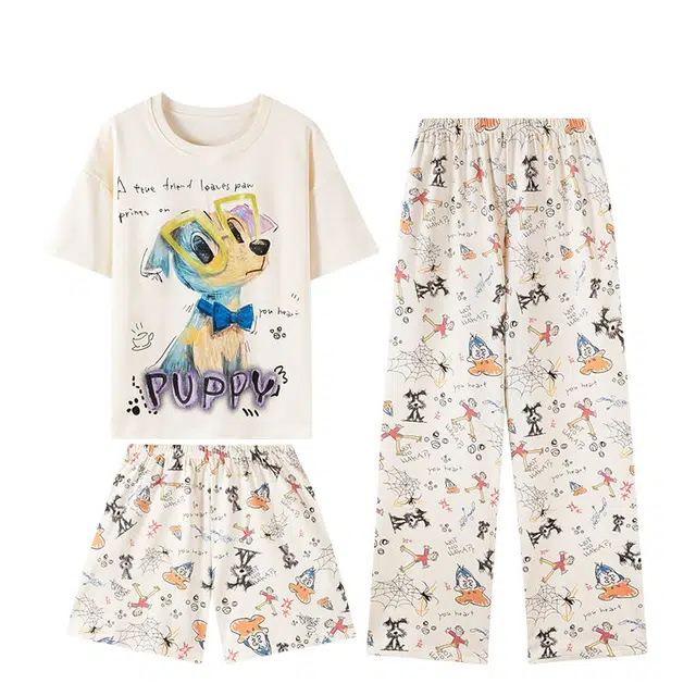 俏韵 圆领卡通夏季天带胸垫可爱短袖三件套甜美薄款舒适家居服可外穿睡衣套装 女款