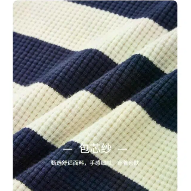 三福 趣味美式宽松横条翻领套头长袖针织衫 男款