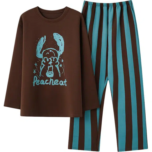 俏佳人 纯棉圆领套头卡通条纹休闲舒适可外穿长袖长裤时尚家居服睡衣套装 男款