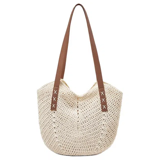 老人头 复古百搭编织 织物 托特包单肩包 女款 米白色/卡其色