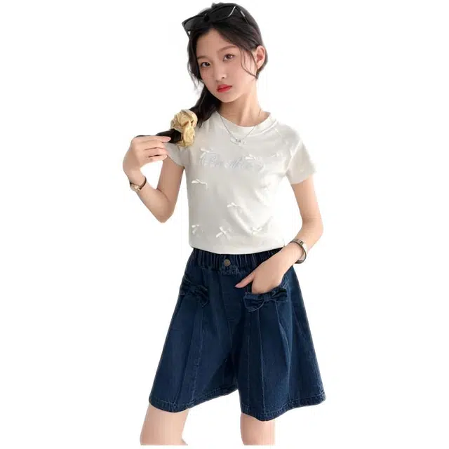 天才小熊女童夏季运动裤大童潮牌小孩衣服 青少年 净色蝴蝶结短裤 洋气时髦 韩版直筒板