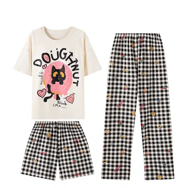 俏韵 圆领卡通夏季带胸垫可爱短袖三件套甜美薄款舒适家居服可外穿睡衣套装 女款