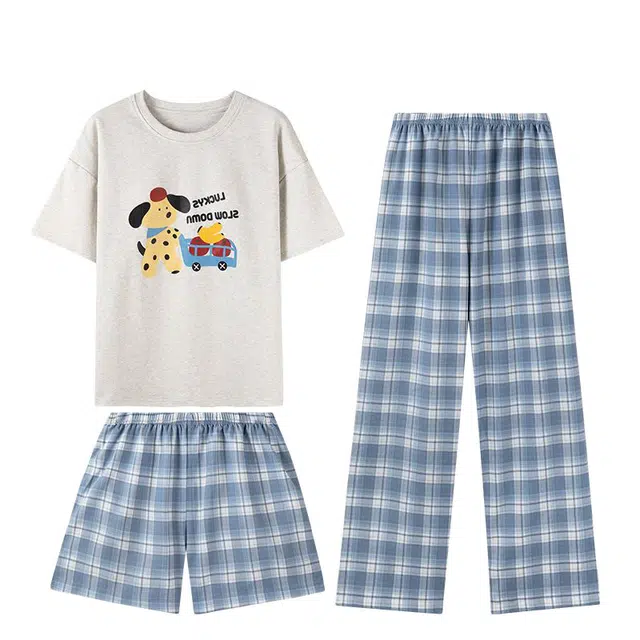 俏韵 圆领卡通夏季带胸垫短袖三件套甜美简约印花薄款舒适家居服可外穿睡衣套装 女款